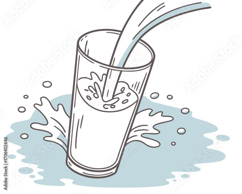 Illustration of water pouring into a glass with a splash perfect for advertising health and wellness or hydration campaigns