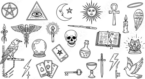 Divine Magic and Occultism Doodle Set – Hand-Drawn Vector Illustrations of Spells, Tarot Cards, Crystals, Candles, Pentagrams, Wands, and Mystical Symbols, Esoteric and Spiritual Concept Icons, Isolat