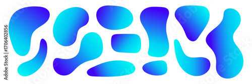 Vivid blue organic blob set with gradient texture. Colorful liquid blobs. Fluid minimal forms. Water splash. Great for UI elements, web graphics, creative projects, abstract background