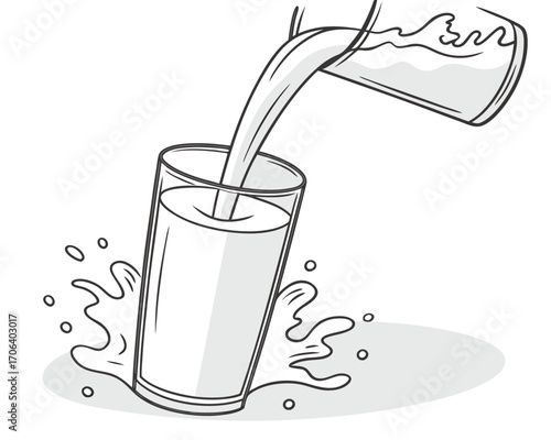 Milk pouring into a glass creating a splash cartoon illustration of nutrition and breakfast freshness depicting healthy eating habits and dairy products