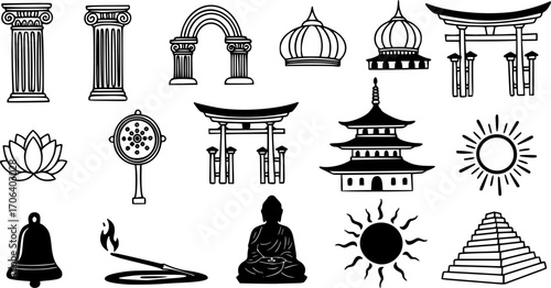 Temple hand drawn doodle set. Isolated elements on white background. Symbol collection.
