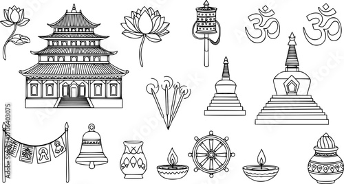Temple hand drawn doodle set. Isolated elements on white background. Symbol collection.
