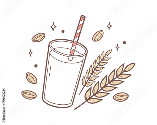 Creamy and Delicious Oat Milk Illustration with Straw and Wheat Stalks on White Background Perfect for Healthy Lifestyle Designs