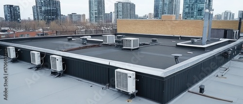 Cityscape view of rooftop with air conditioning units and ventilation equipment