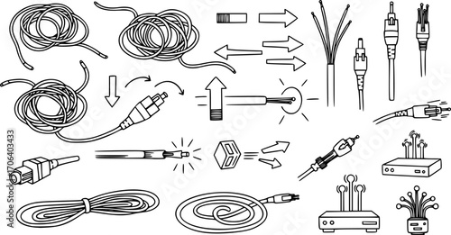 Optical Fiber Doodle Vector Set – Hand-Drawn Network Cables, Internet and Telecom Elements, Isolated Icons for Technology Illustration