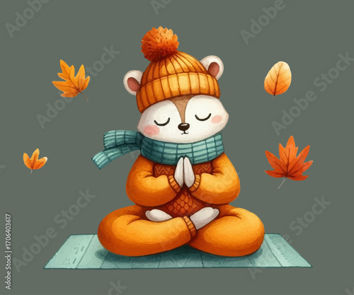 Raccoon sitting in lotus position, autumn, leaves, watercolor style, vector, hand drawn.
