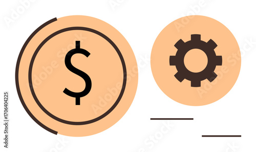 Dollar sign in a circular frame paired with a gear. Ideal for finance, business strategy, productivity, economy, automation, income growth, efficiency. Simple flat metaphor