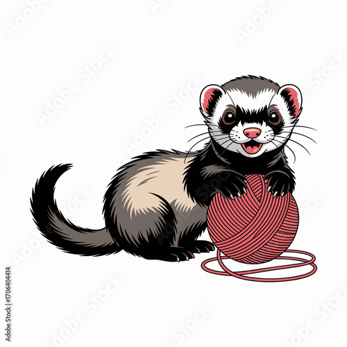Playful Ferret with Yarn Ball Vector Illustration