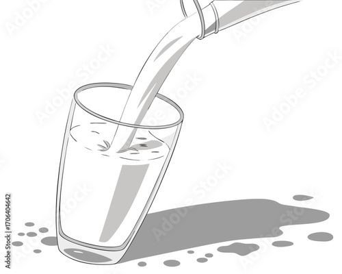 Illustration of water being poured into a glass with spills casting a shadow on white background healthy drink concept