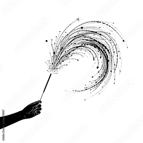 Vector art of a hand holding a sparkler creating a swirling trail of light, perfect for festive or celebratory designs