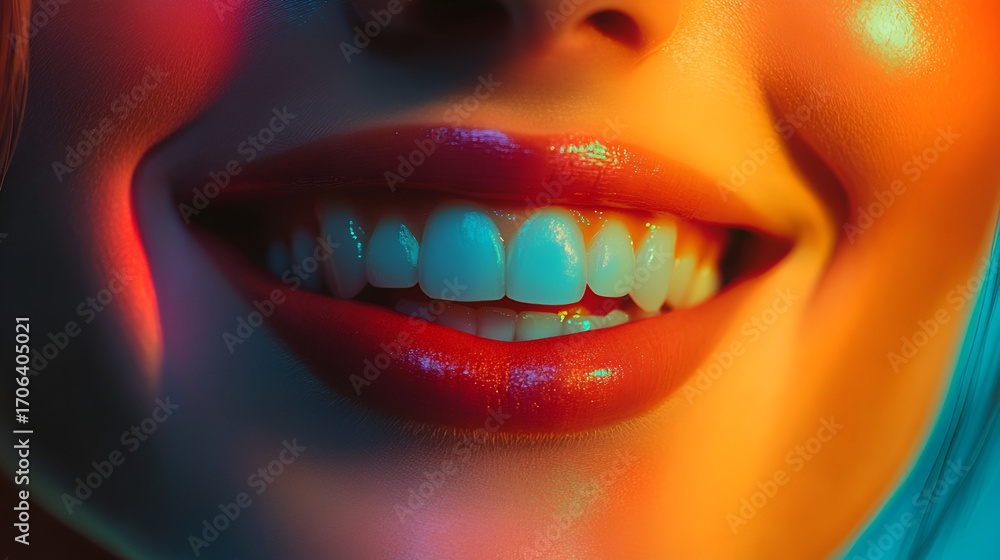 Obraz premium A beautiful feminine smile, a beautiful smile with lipstick. A woman's smile.