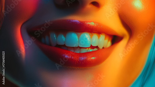 A beautiful feminine smile, a beautiful smile with lipstick. A woman's smile.