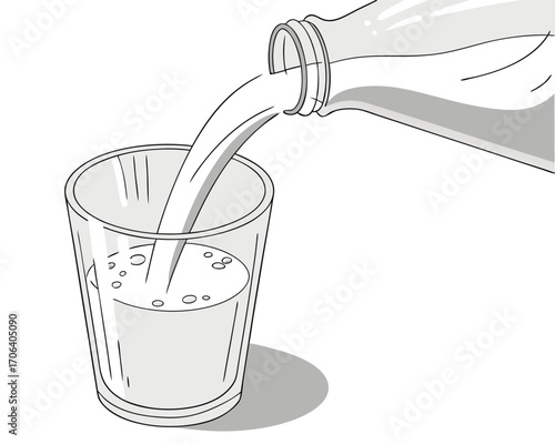 Pouring Fresh Milk into Glass from Bottle Dairy Drink Nutrition Concept Illustration Drawing Black and White Healthy Lifestyle