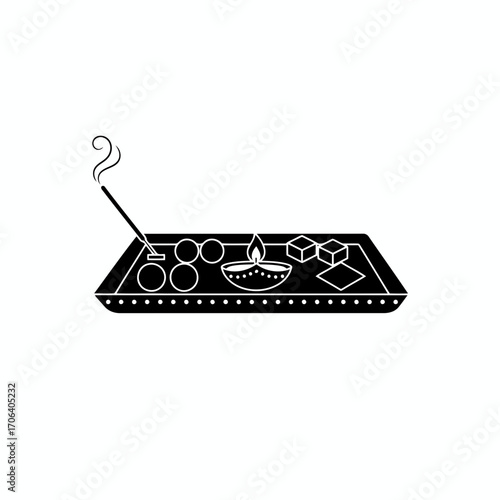 Illustration of a puja thali with diya, sweets, and incense sticks, , perfect for diwali or other hindu festivals