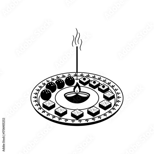 Vector art of diwali thali with sweets, diya and incense stick traditional hindu festival of lights celebration concept