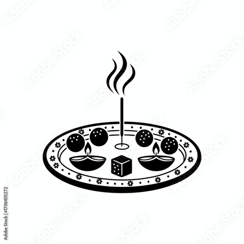Illustration of a diwali thali with sweets, diya, and incense stick traditional hindu festival of lights