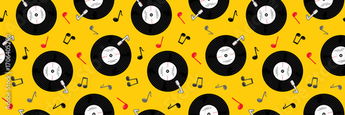 music and sound seamless vector pattern with vintage vinyl records and musical notes on a bright yellow background for media and entertainment design