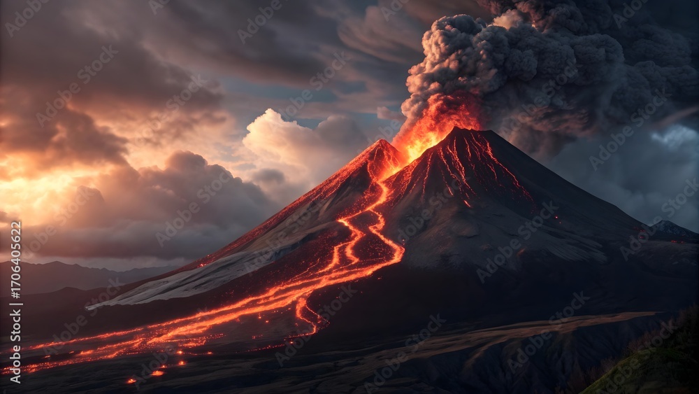 Fototapeta premium Dramatic volcano eruption with lava flow and stormy skies landscape