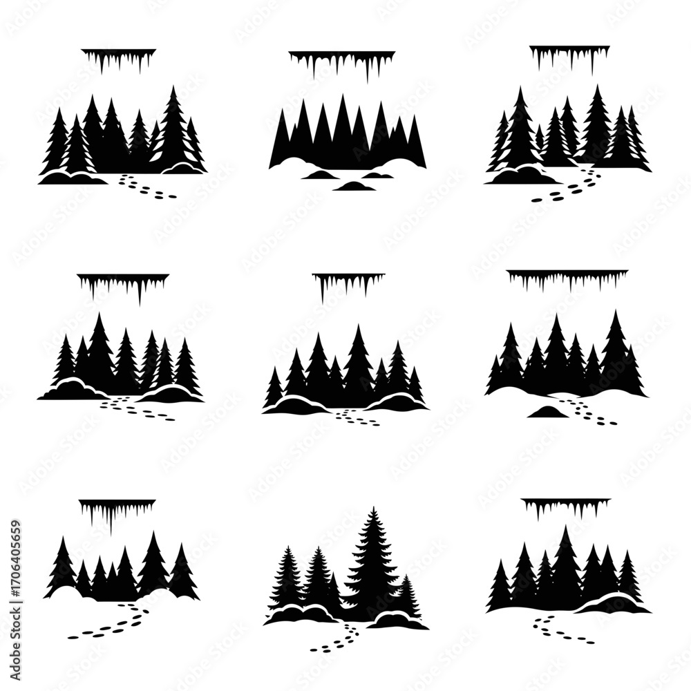 Obraz premium Vector art of winter forest landscape trees, footprints and icicles for christmas and new year holiday designs
