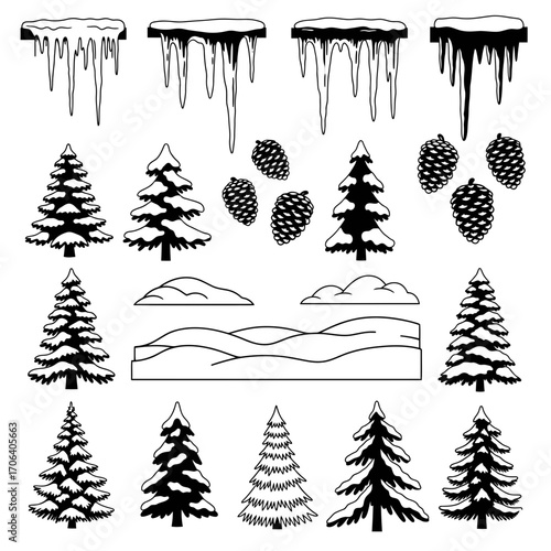 Vector art of winter forest elements trees, snowdrifts, icicles and pine cones for christmas and new year designs
