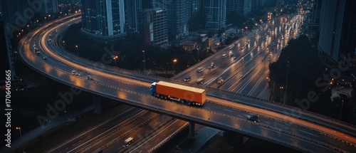 Cargo truck on elevated highway at night cityscape background