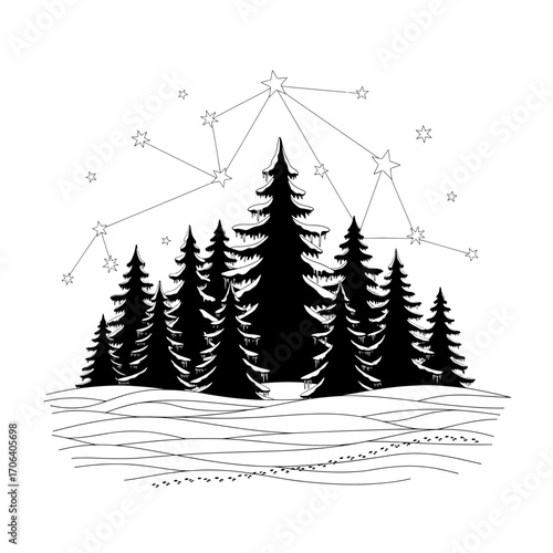 Vector art of silhouette vector of winter forest with fir trees, snowdrifts, animal tracks and constellation christmas design