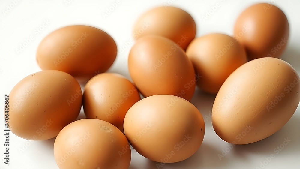Fresh brown eggs on white surface, highlighting natural texture and simplicity.
