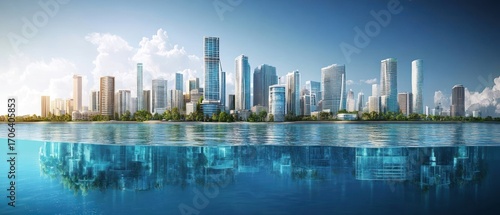 Modern coastal city skyline reflection underwater digital cityscape