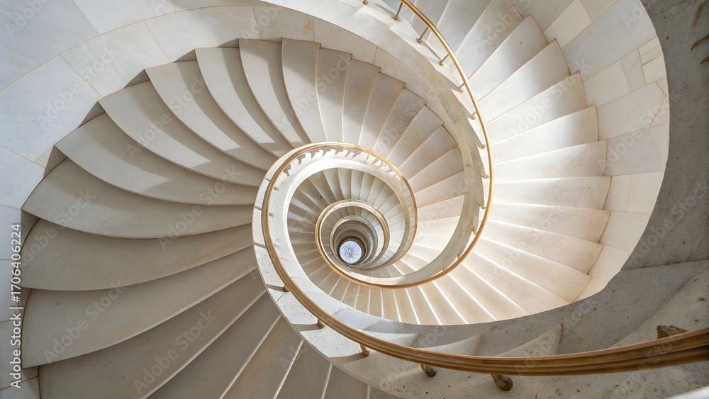 Fototapeta premium Elegant spiral staircase architecture featuring white stone and golden handrail design