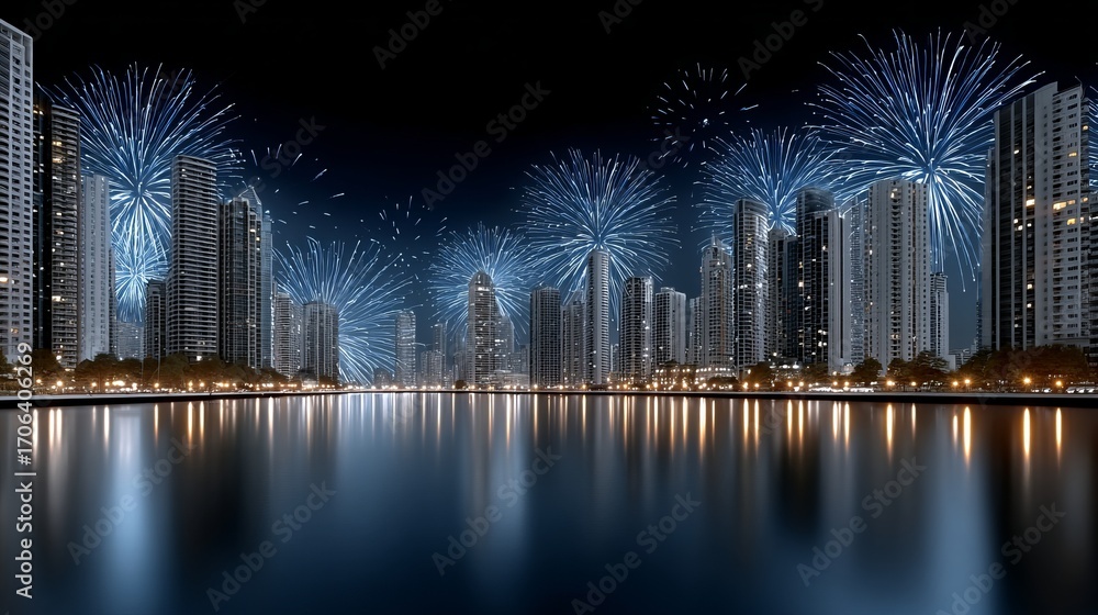 Fototapeta premium City skyline at night with bright fireworks reflected in water, modern architecture celebration scene