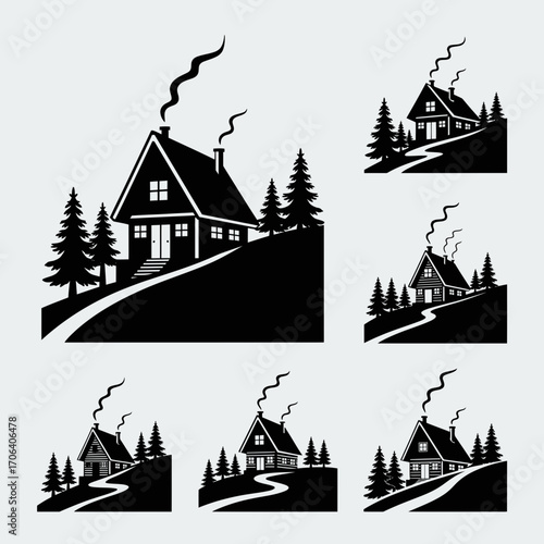 Vector art of collection of cabin vector illustration, showcasing various cabin designs with smoke coming from the chimney and trees