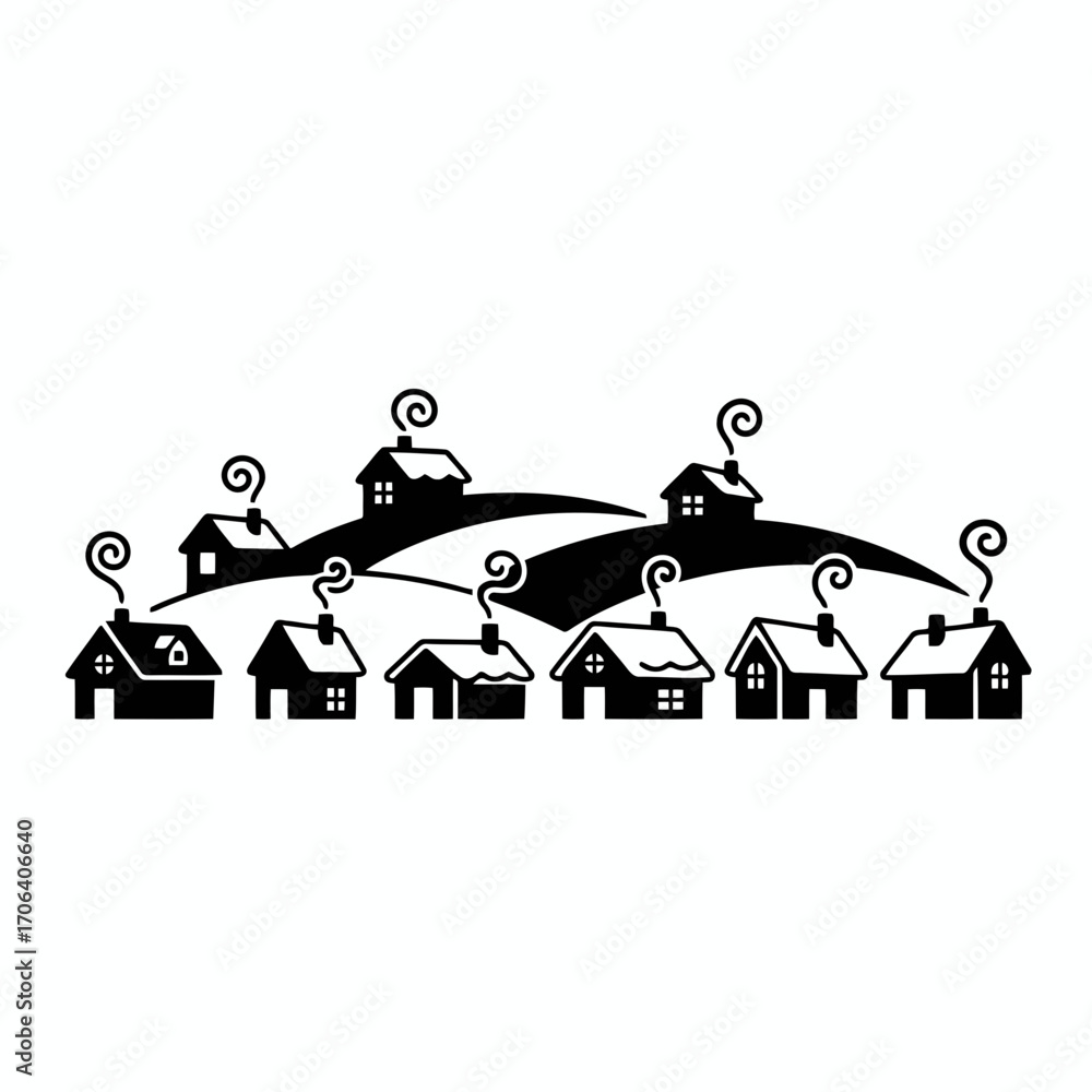 Fototapeta premium Vector art of silhouette of houses with smoke coming out of chimney on hills, creating a whimsical and charming landscape