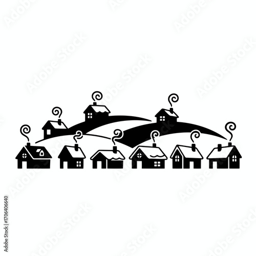 Vector art of silhouette of houses with smoke coming out of chimney on hills, creating a whimsical and charming landscape