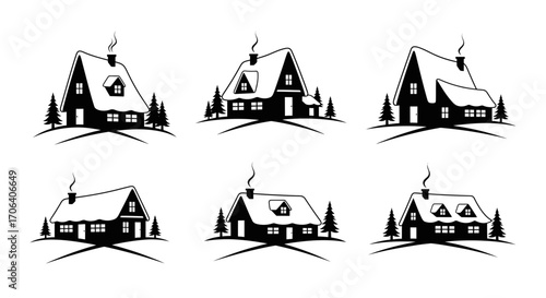 Vector art of collection of silhouette winter houses with snow on roof and pine trees, creating a festive and cozy atmosphere