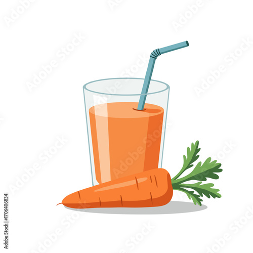 Glass of carrot juice with straw and fresh carrot on side  