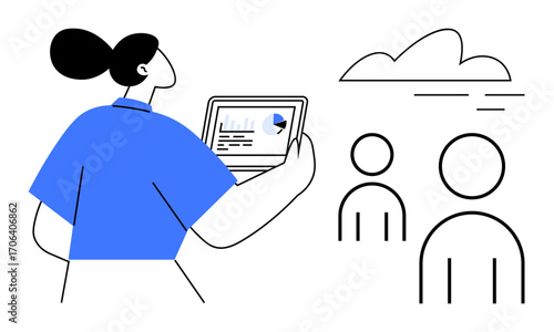 Woman holding a tablet with data visualization, analyzing team activity. Two abstract human figures and cloud in background. Ideal for teamwork, analytics, leadership, collaboration, decision-making