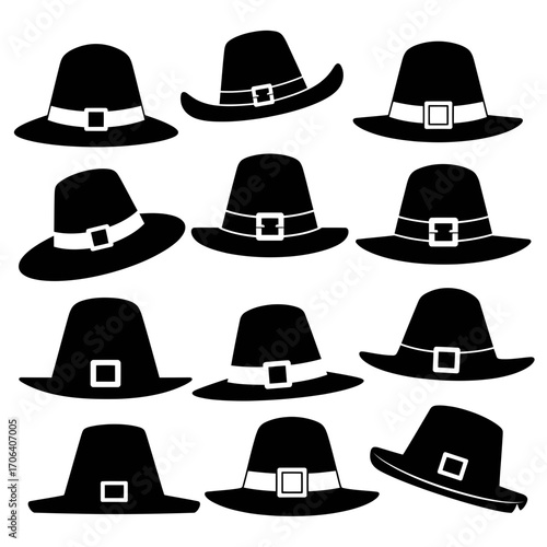 Vector art of collection of pilgrim hats in black silhouette for thanksgiving holiday celebration and historical reenactments