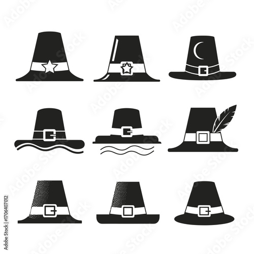 Vector art of collection of pilgrim hats in black silhouette for thanksgiving holiday celebration and historical reenactments