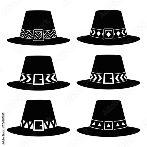 Vector art of collection of pilgrim hats with decorative bands, perfect for thanksgiving or historical themed designs