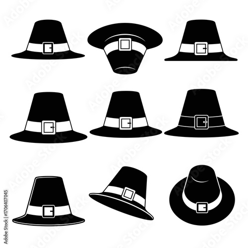Vector art of collection of pilgrim hats with simple bands, ideal for thanksgiving or historical themed designs