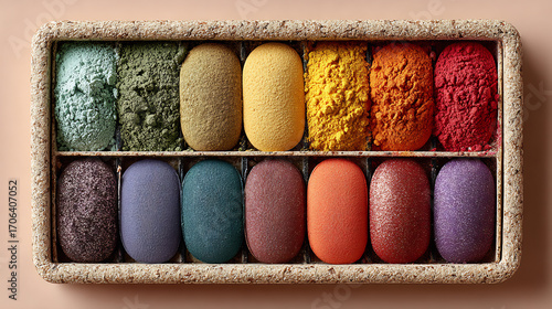 Eyeshadow palette arranged neatly white background professional cosmetic product mockup beauty and makeup photography highlighting color variety