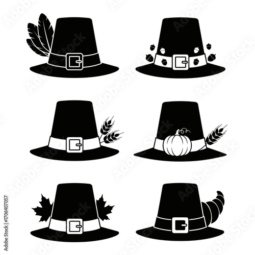 Vector art of collection of pilgrim hats for thanksgiving day set of black and white vector illustrations of traditional hats