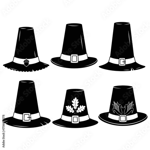 Vector art of collection of pilgrim hats for thanksgiving day set of black and white vector illustrations of traditional hats