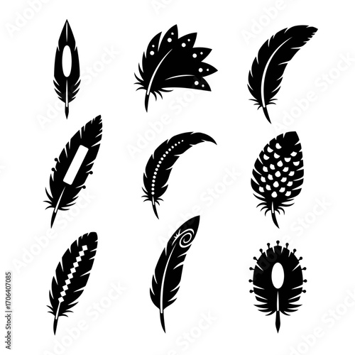 Vector art of collection of feather set of black and white vector illustrations of different feather shapes and designs