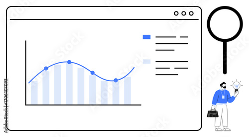 Graph with line and bar chart inside browser window, magnifier, and business person holding lightbulb. Ideal for analytics, research, business strategy, innovation, exploration, education simple