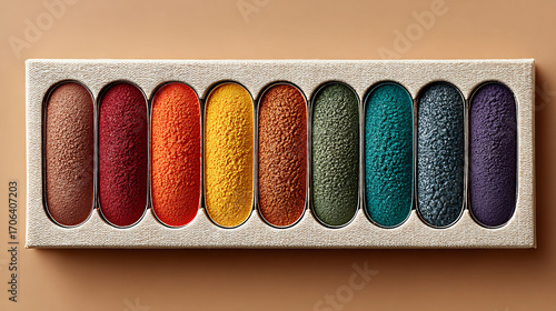 Eyeshadow palette arranged neatly white background professional cosmetic product mockup beauty and makeup photography highlighting color variety