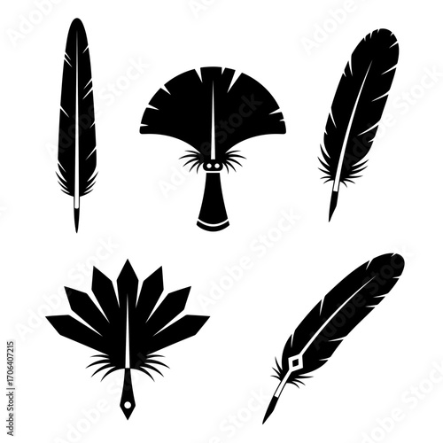 Vector art of collection of black feather illustrations, perfect for native american and boho design, tattoo or print and decor