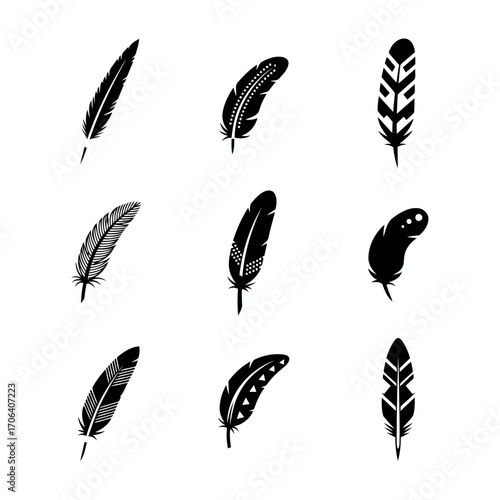 Vector art of collection of nine different feather silhouettes, showcasing various shapes and designs for creative projects