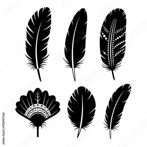Vector art of collection of six feather silhouettes, showcasing various shapes and designs for creative projects and artistic use