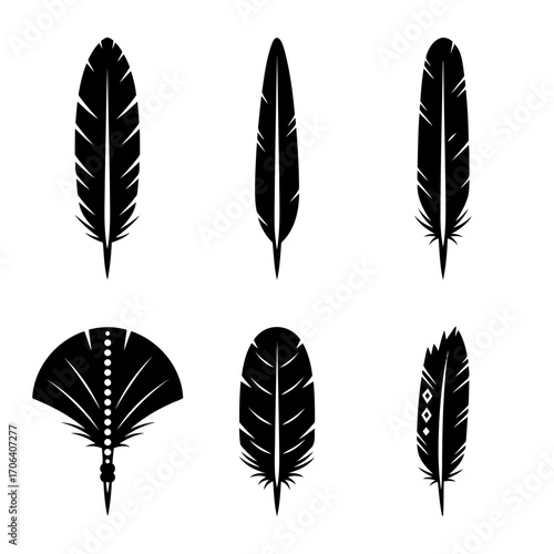 Vector art of collection of six feather silhouettes, showcasing various shapes and designs for creative projects and artistic endeavors